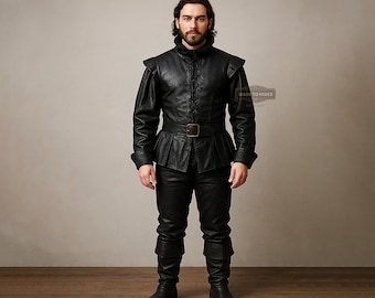 Abrigo de cuero negro para cosplay hecho a medida para hombre / Abrigo largo de guerrero medieval / Chaqueta gótica de cuero para Halloween