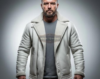Chaqueta de piel de oveja blanca hecha a mano para hombre / Abrigo de invierno de piel de oveja auténtica / Chaqueta bomber de aviador personalizada / Abrigo cálido con forro de piel