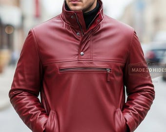 Handmade Men’s Maroon Leather Pullover Jacket | Custom Half Zip Anorak | Genuine Leather Winter Top | Tailored Streetwear Coat
