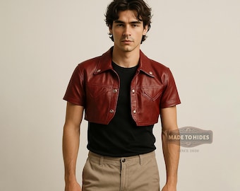 Men’s Red Cropped Leather Jacket | Short Sleeve Western Style Leather Shirt | Custom Handmade Genuine Leather Top | Retro Fashion Statement