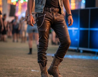 Pantalones de moto marrón oscuro / Ropa de calle de piel de vaca auténtica / Regalo de festival para motociclistas para hombres