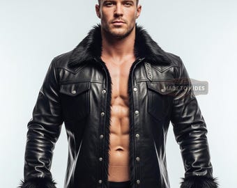Handmade Men’s Genuine Black Leather Jacket | Custom Fur Collar Coat | Personalized Winter Streetwear | Tailored Slim Fit