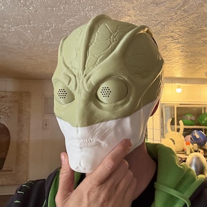 May include: A two-tone mask with a green upper section and a white lower section. The green section has a textured, alien-like design with eye holes and a mouth. The mask appears to be a costume or prop.