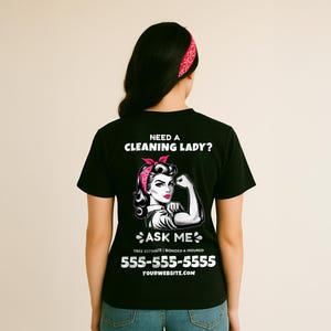 Diseño de camiseta para empresa de limpieza, gráficos de camisetas DIY, camiseta para empresa de limpieza, Rosie la Remachadora, camiseta personalizada de Canva, camiseta para personal de limpieza