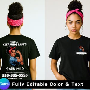 Diseño de camiseta para empresa de limpieza, gráficos de camisetas DIY, camiseta para empresa de limpieza, Rosie la Remachadora, camiseta personalizada de Canva, plantilla