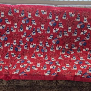 May include: Red blanket with a repeating pattern of white cats wearing patriotic hats and bow ties, with fireworks and starburst designs. The blanket has a red border and is placed on a patterned sofa.