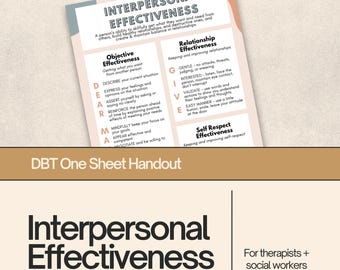 Op de afbeelding: Een printbaar DBT-éénblads-handout met de titel "Interpersonal Effectiveness" in vetgedrukt zwart. Het handout is verdeeld in drie secties: Objectieve Effectiviteit, Relatie-effectiviteit en Zelfrespect-effectiviteit. Elke sectie bevat een lijst met vaardigheden en strategieën om de interpersoonlijke effectiviteit te verbeteren.