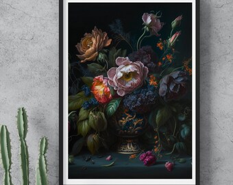 Beautiful Moody Vintage Flower Print | Dark Floral Still Life Oil Painting | PRINTABLE Digital Antique Art