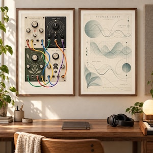 May include: Two framed wall art prints. The left print displays a modular synthesizer interface with four panels, knobs, and colorful patch cables. The right print, titled Voltage Garden, features abstract wave patterns, circular shapes, and grid lines.