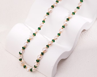 18K Gold Perle & Smaragd Stein Halskette, Süßwasserperle Choker, Zierliche Smaragd Halskette, Geschenk für Sie