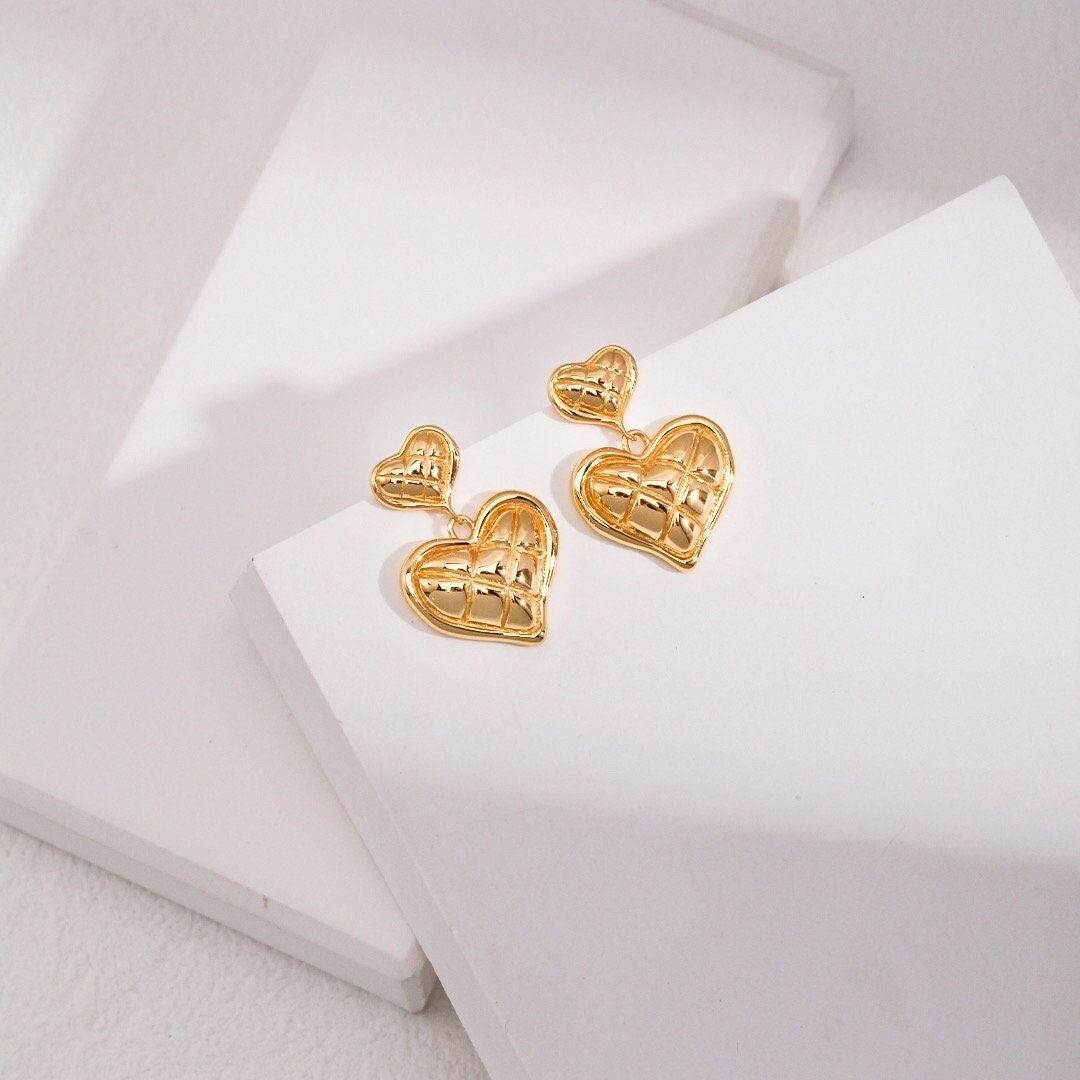 Double Fluted Heart Sterling Silver Charm Dangle Earrings