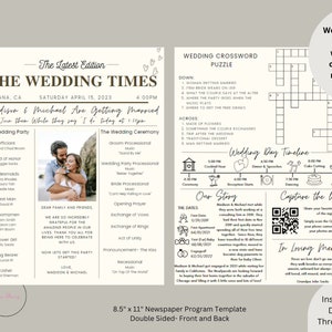 Pode incluir: Um modelo de programa de casamento imprimível com um design de jornal. O lado da frente apresenta um anúncio de casamento, uma lista de casamento e uma linha do tempo da cerimônia de casamento. O lado de trás inclui um crucigrama de casamento, uma linha do tempo do dia do casamento, uma seção sobre a história de amor do casal, um código QR e uma seção para em memória carinhosa.