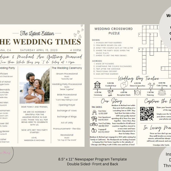 Printable Newspaper Wedding Program, Wedding Infographic, Fun Wedding Program DIY,  Order of Events, Wedding Timeline, Editable Template
