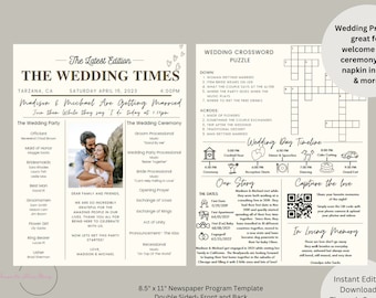 Printable Newspaper Wedding Program, Wedding Infographic, Fun Wedding Program DIY,  Order of Events, Wedding Timeline, Editable Template