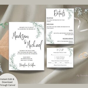 Minimalist Wedding Invitation Set, Modern Wedding Invitation Template, Details Card Template, RSVP Template, Digital Download, Edit in Canva