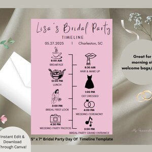 Unique Wedding Bridal Party Day Of Timeline Template, Bridal Party Schedule, Customizable Itinerary, Wedding Day Timeline For Bridal Party