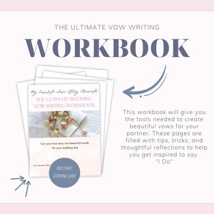 Puede incluir: Un libro de trabajo de descarga digital rosa y blanco titulado "The Ultimate Wedding Vow Writing Workbook" con un diseño floral y el texto "Convierte tu historia de amor en hermosas palabras para tu día de boda".