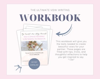 Könnte beinhalten: Ein rosa-weißes digitales Download-Arbeitsbuch mit dem Titel "The Ultimate Wedding Vow Writing Workbook" mit einem floralen Design und dem Text "Verwandeln Sie Ihre Liebesgeschichte in wunderschöne Worte für Ihren Hochzeitstag".