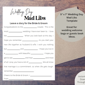 Wedding Day Mad Libs, Hochzeitsspiel für Tisch, Hochzeitsgästebuch, sofortiger Download, lustiges Hochzeitsspiel, DIY Wedding Mad Libs Spiel