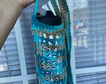 Blue/Tan Crochet Crossbody Waterbottle Holder Handmade 100% Cotton