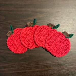 Apple Crocheted Coaster, 100% Cotton, Washable, Mug Coaster, Thanksgiving, Fall, Teacher, Home Decor, Gift, Gift Set