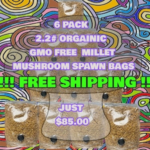 FREE SHIPPING 6 pack 2.25 LB Organic Steralized Millet Mushroom Grow Bags