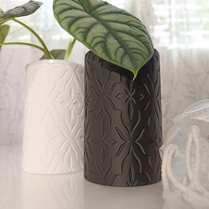 Könnte beinhalten: Zwei dekorative Keramikvasen, eine weiße und eine dunkelgraue, mit einem floralen Muster. Die dunkelgraue Vase enthält ein großes grünes Blatt. Ein durchsichtiges Kunststoffobjekt mit einem weißen Seil befindet sich im Vordergrund. Die Vasen stehen auf einer weißen Oberfläche.