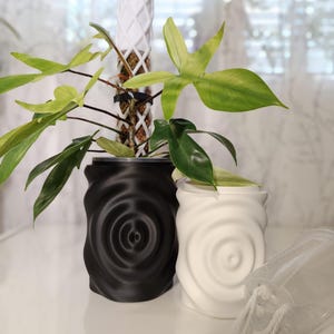 May include: A black and white plant pot set with a spiral design. The pots hold a green plant with a white trellis and a clear plastic bag. The pots are on a white surface.