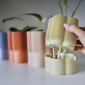 Puede incluir: Una fila de macetas coloridas y acanaladas con plantas. Se sostiene una maceta verde claro, que revela una base separada con mechas de cuerda. Otras macetas son en tonos naranja, rosa y azul. Las macetas están sobre una superficie blanca.