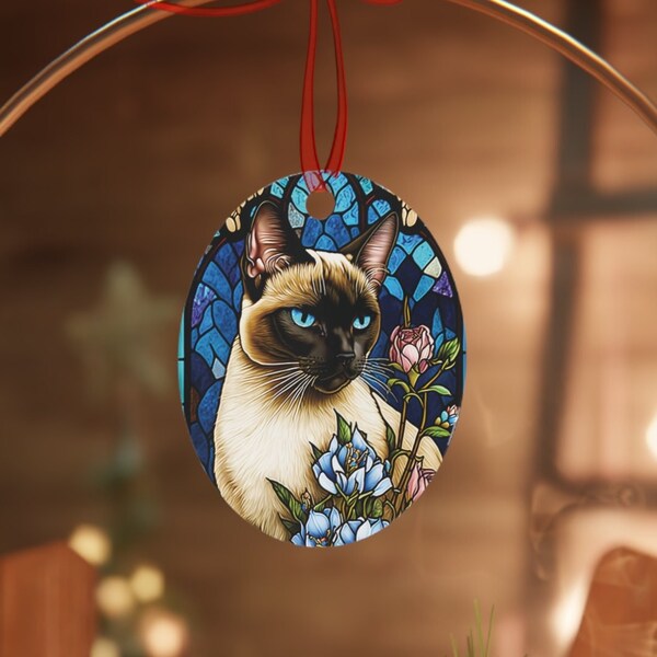 Stained Glass Style Siamese Cat Christmas Ornament, Pet Keepsake
