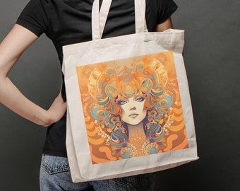 Feminist Tote Bag - Retro Goddess Art - Floral Canvas Tote Bag - Reusable Grocery Bag - Empowering Women's Rights - Large and Stylish