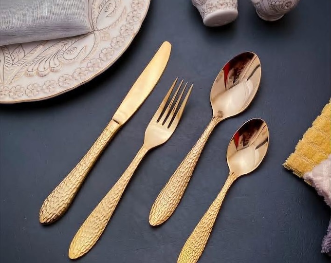 Cutlery Set - service for 6 silverware made (24 Piece Set) 24K Gold Plated, Made in USA