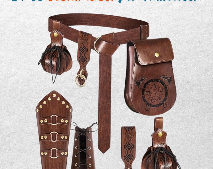 Costume Set for Halloween - Renaissance Belt, Leather Bracers, Vintage Belt Pouch, Medieval Accessories