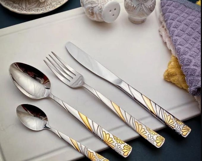 Flatware Set - service for 6 silverware made (24 Piece Set) 24K Gold Plated, Made in USA