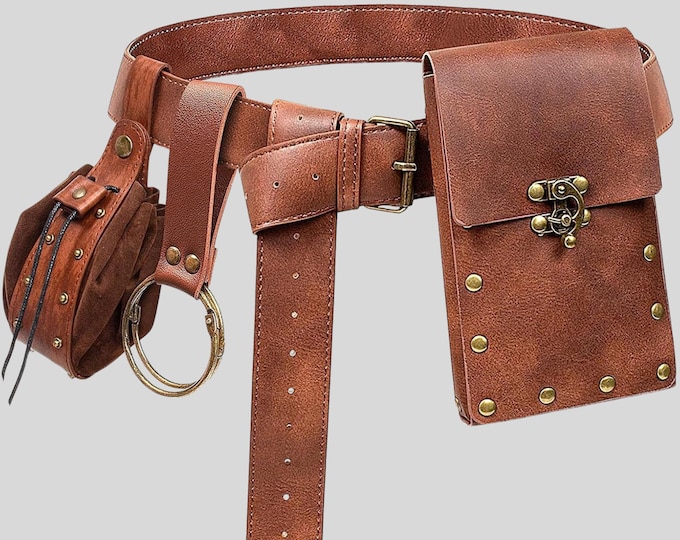 Belt Pouch Coin Purse Renaissance Accessories, Medieval Waist Bag, 2 Pouch-Brown Costume Casual Fanny Pack