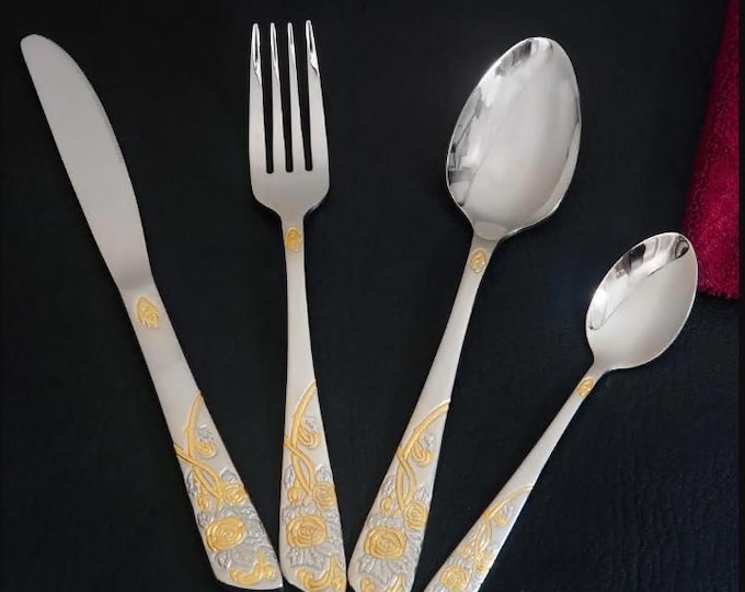 24K Gold-Plated Flatware Set - Stainless Steel silverware Cutlery Set Forks Spoons Knives set Comes with premium finish(24 Piece)