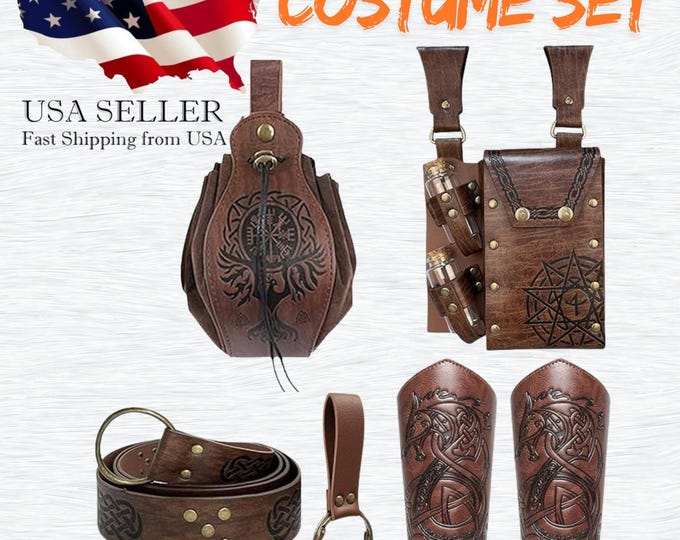 Handmade Renaissance Belt Pouch with Viking Style Bracer – Pirate Costume Accessories Medieval Waist Bag for Festivals, LARP & Everyday Wear