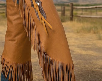 Cowboy Leather Chinks with Basketweave Yoke Set - Handcrafted Leather Chapes for Western Wear, Chaps for Men Horse Riding & Rodeo Pants