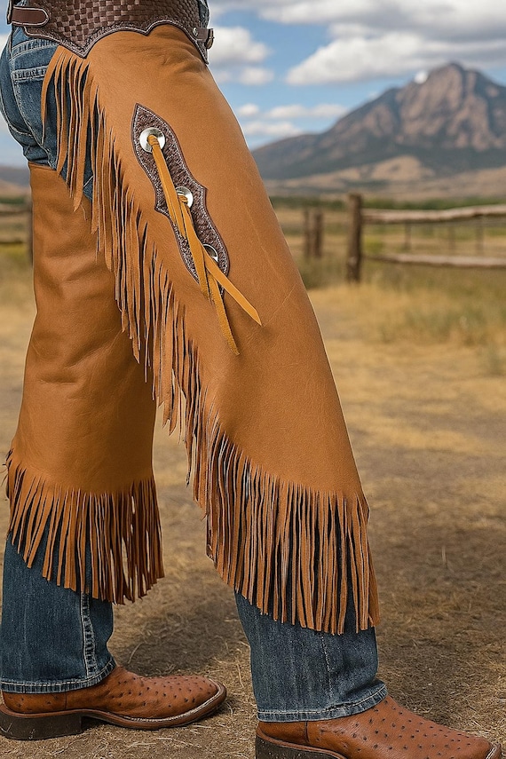 Cowboy Leather Chinks with Basketweave Yoke Set - Handcrafted Leather Chapes for Western Wear, Chaps for Men Horse Riding & Rodeo Pants