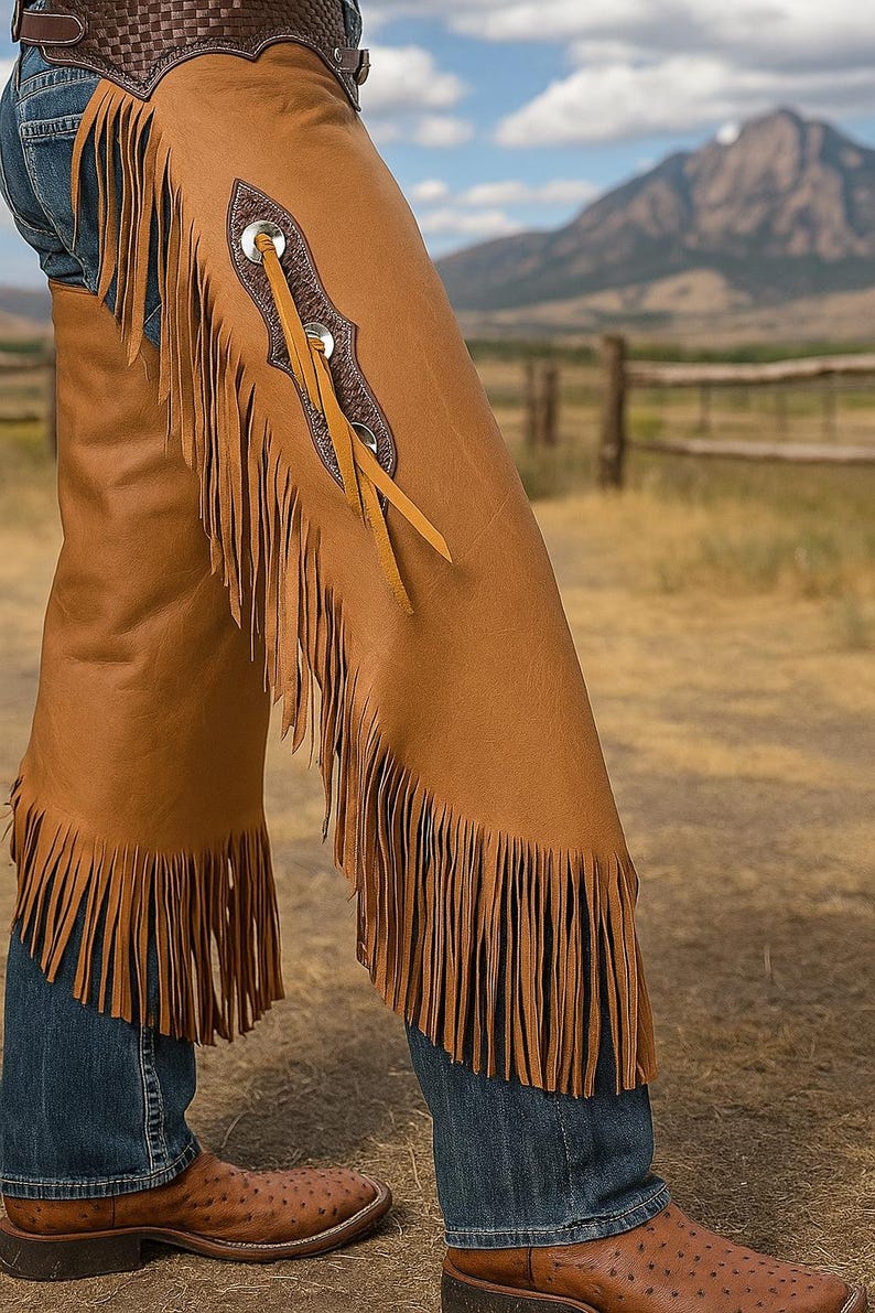 May include: Brown leather chaps with fringe detail, worn over blue jeans. The chaps feature decorative accents and are secured with a woven leather belt. The image shows a person wearing cowboy boots.