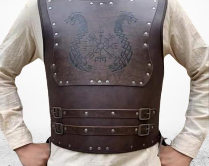 Medieval Leather Chest Vest - Viking Leather Armor with Vegvisir and Dragon Boat Pattern