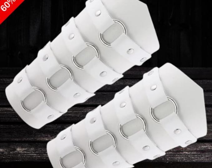 Handmade White Gauntlet, Wristband Leather Punk Wide Wrap Bracer, Wrist Cuff, Arm Armor for Men Women