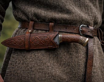 Viking Seax kniv med slida - damaskusstålblad, trähandtag
