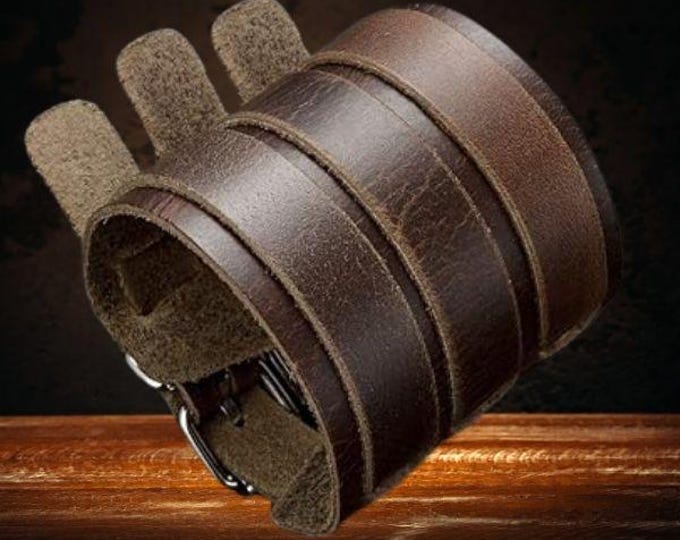 Genuine Leather Bracelet - Biker Bangle Three Wide Strap Gauntlet Wristband For Women Men Brown Size Adjustable