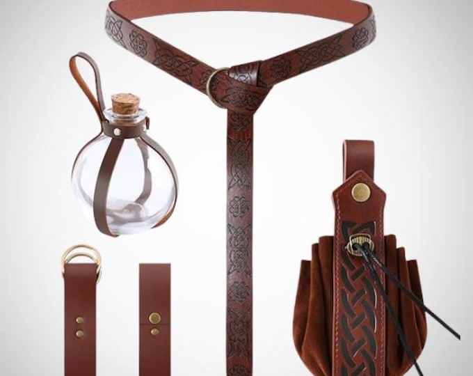 6Pcs Medieval Pirate Leather Belt Renaissance Accessories Halloween Cosplay Costume Cork Potion Bottle Belt