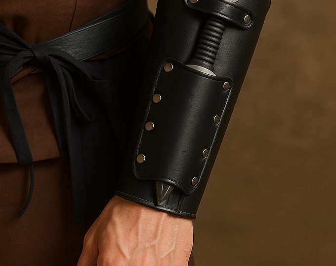 Black Leather Bracer | Knife Holder | Hidden Blade | Handmade Wrist Cuff | Custom Leather Wristband for Men and Women