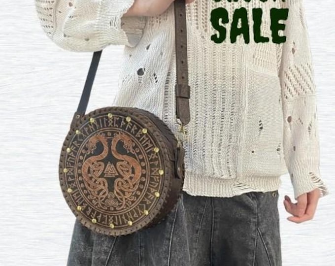 Viking Crossbody Belt Bag – Medieval Leather Satchel for Halloween Cosplay, Nordic Embossed Shoulder Bag