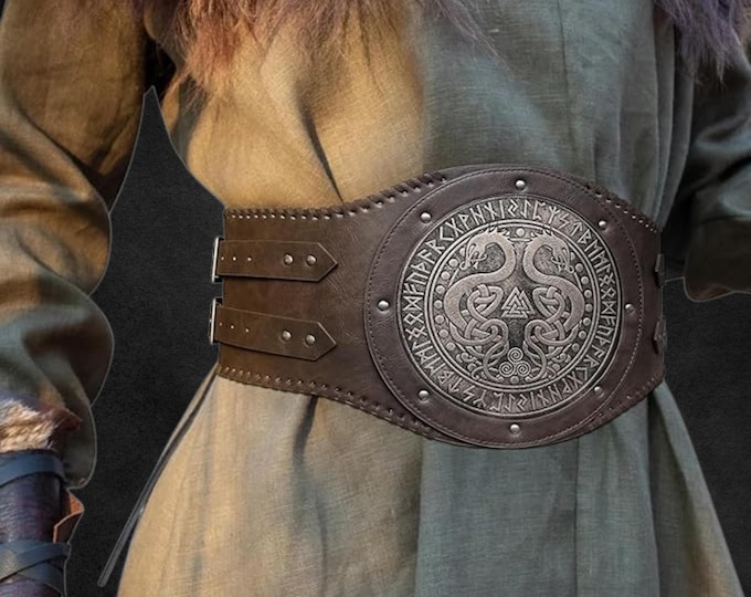 Medieval Belt & Embossed  Double Dragon Waist Armor - Viking  Leather Wide Belt, Mercenary Corset Belt