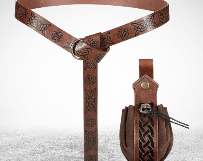 Medieval Viking Leather Belt Pouch Set - 2 Pieces - Brown Retro Style, Belt Accessory Set