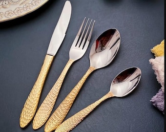 Cutlery Set - service for 6 silverware made (24 Piece Set) 24K Gold Plated, Made in USA
